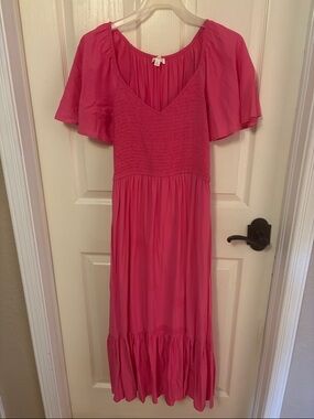 Smocked V-Neck Maxi Dress in Bright Pink